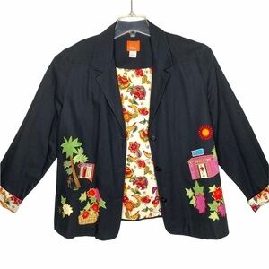 Hearts of Palm Tropical Tiki Bar Embroidered Button Jacket Black 18 Cotton Artsy